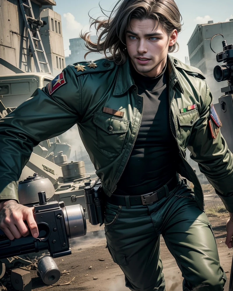 Sexy man, beautiful features, demonic eyes, wide smile, militar clothes, (muscle body) ((scars on his face)),outside at the camp training , dominant aura, ethereal, ((green eyes)), realistic, (((solo))), 8k, hyperrealism, perfect body, militar, dangerous job, best quality, realism, he's on duty, militar shirt and pants, combat boots, holding 9mm gun