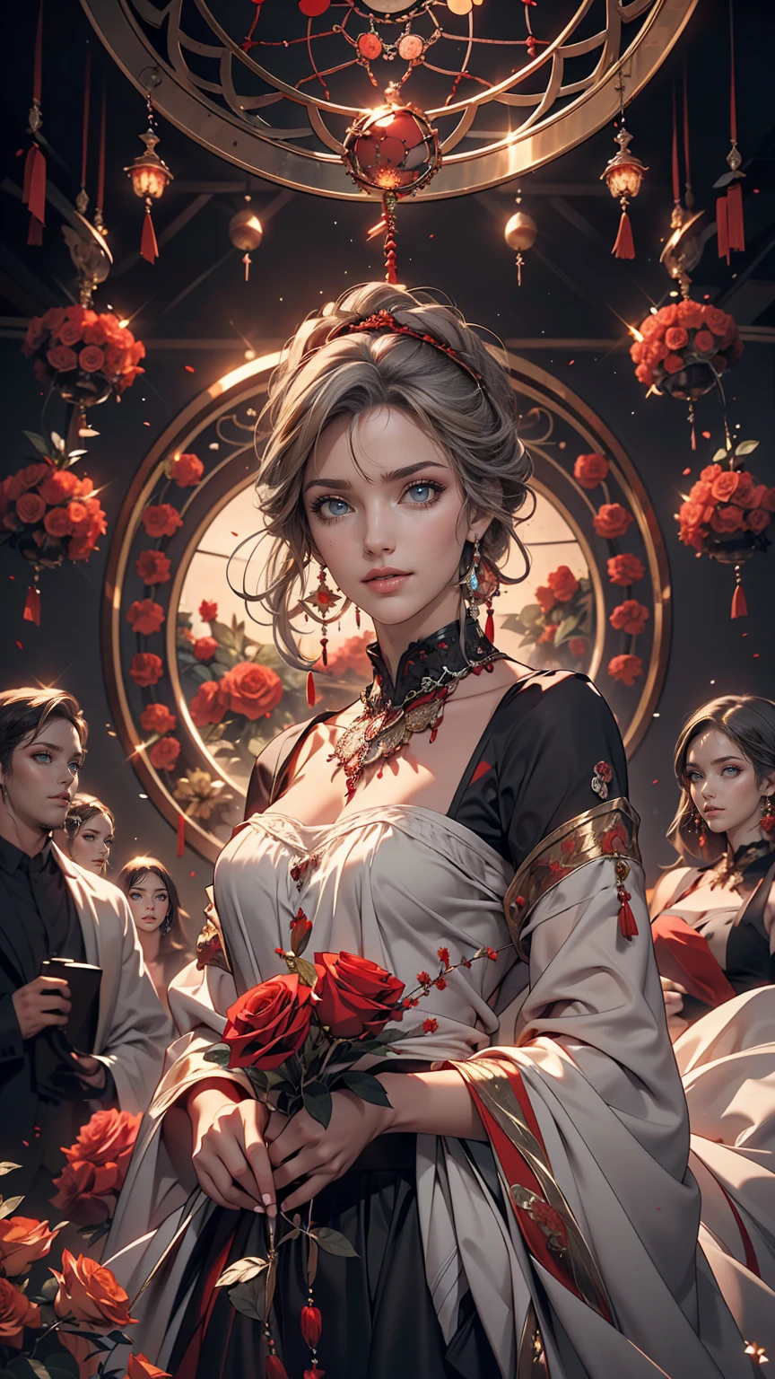 (highest quality, masterpiece), (One girl, alone, Black Dress, Are standing , View Viewer, Gray Hair, Red eyes, Holding roses, Mouth closed, Upper Body), (Red dream catcher behind, Red flower, )