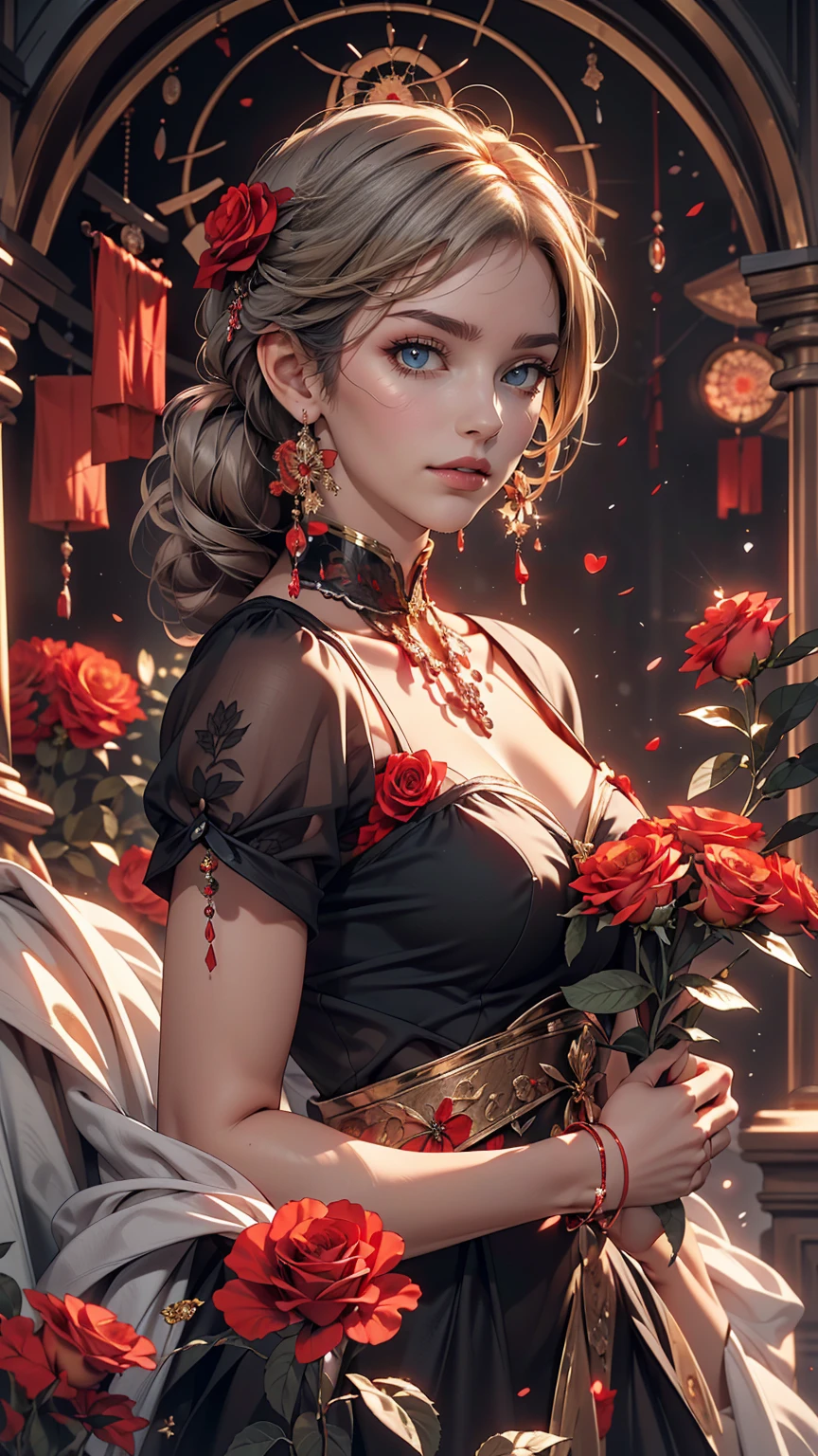 (highest quality, masterpiece), (One girl, alone, Black Dress, Are standing , View Viewer, Gray Hair, Red eyes, Holding roses, Mouth closed, Upper Body), (Red dream catcher behind, Red flower, )