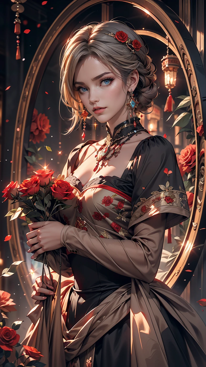 (highest quality, masterpiece), (One girl, alone, Black Dress, Are standing , View Viewer, Gray Hair, Red eyes, Holding roses, Mouth closed, Upper Body), (Red dream catcher behind, Red flower, )