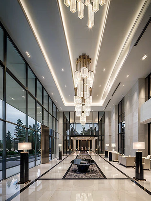 The open-floor reception lobby, the exterior is a glass wall system, (designed in a luxurious modern style with soft curves), the highlight is the floor-to-ceiling chandelier system, and the image quality is sophisticated.
