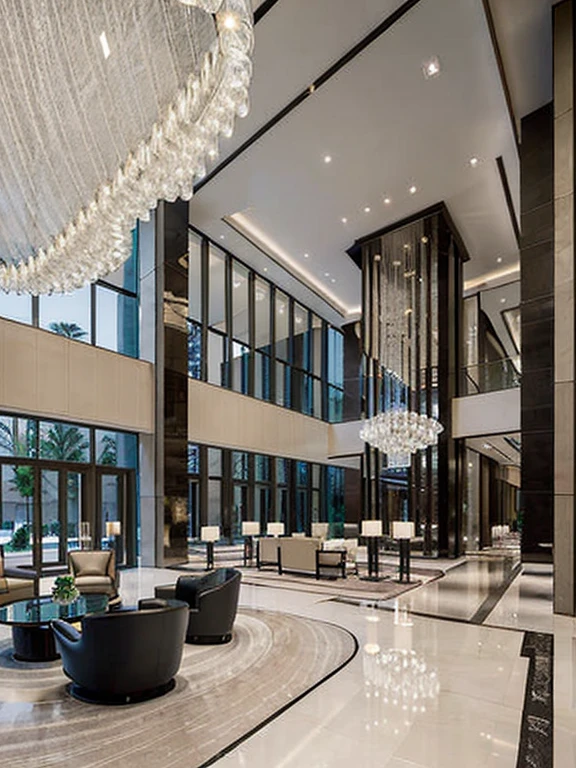 The open-floor reception lobby, the exterior is a glass wall system, (designed in a luxurious modern style with soft curves), the highlight is the floor-to-ceiling chandelier system, and the image quality is sophisticated.
