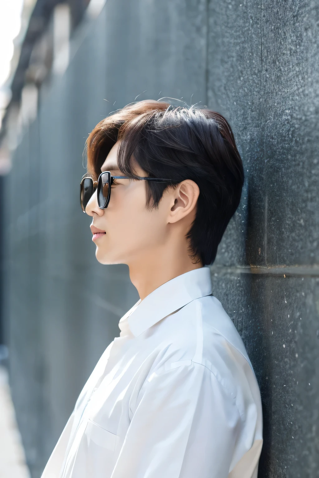 White casual shirt　no background　Glasses　hairstyle divided into centers　30s　Japan　male　Refreshing