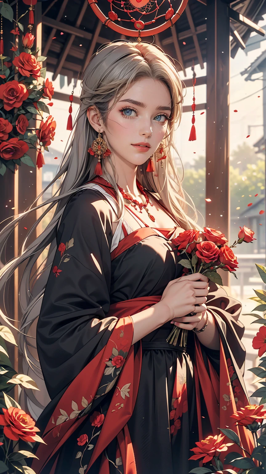 (highest quality, masterpiece), (One girl, alone, Black Dress, Are standing , View Viewer, Gray Hair, Red eyes, Holding roses, Mouth closed, Upper Body), (Red dream catcher behind, Red flower, )
