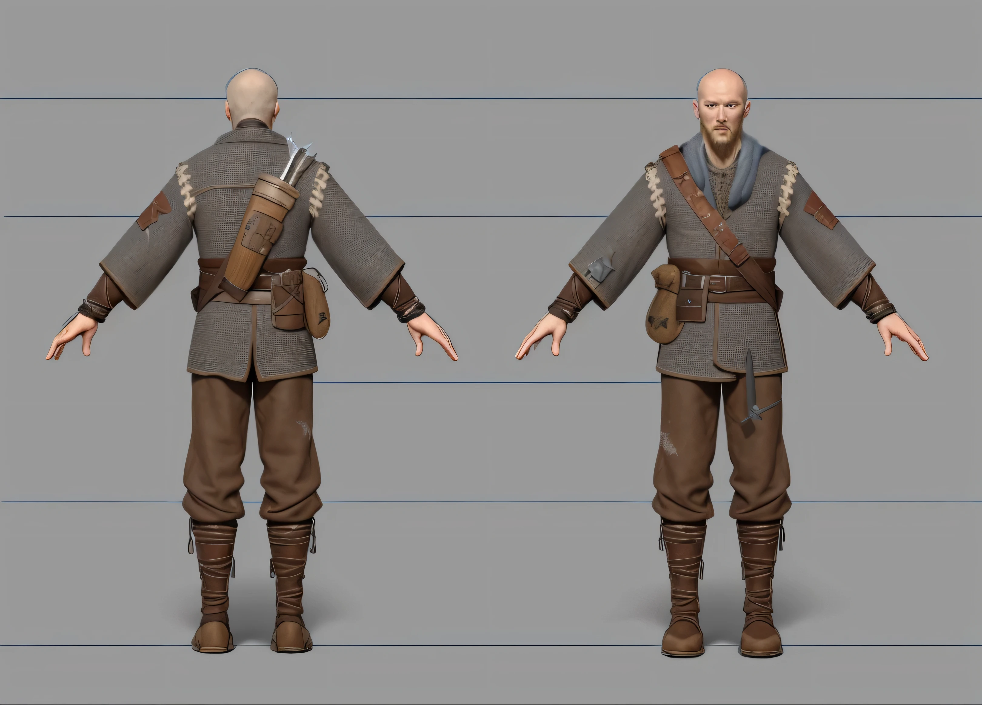 ( Realistic:1.33),(masterpiece:1.1),(highest quality:1.1),(HDR:1) a close up of a hunter villager with arrow bag on back, medieval villager , wool cloth, full body concept, detailed full body concept, Viking ranger style, Viking protective, Portrait of a Viking, Viking warrior, Viking culture, Nordic warrior, Viking costume, Ancient Viking warrior, wearing Viking clothing, male Viking, with Machado, Nordic inspiration, Viking and Templar aesthetics, full body character concept,costume concept design, full body details, detailed full body concept art, full character body, character model sheet turnaround, fullbody shot turnaround, concept character sheet, full body concept art, reference model sheet , full body concept art, RPG style character, game character design, 3d character reference sheet, video game character concept, detailed character design, character sheet, [ character model sheet turnaround ], front and back, ((front and back)), grey clean background, 3D character, leather belt, leather boots with rob, ((gambeson cloth)), dim blue gambeson, leather belt on chest, ((gambeson cloth)), (((Quiver on back))),(((whiskey leather flask on belt))),(pouch on belt)
