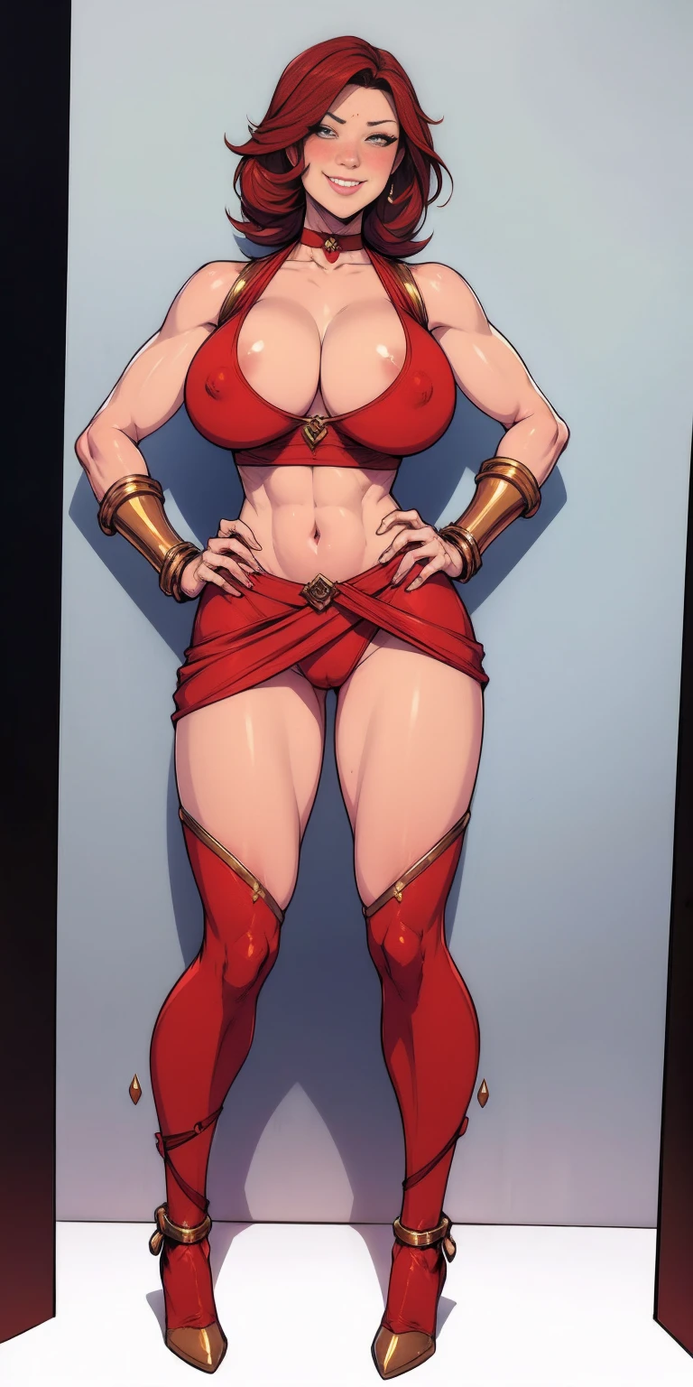 very white background, hands on hips. red tattoo on belly navel, full body female MILF BIMBO, lustful smirking smile face (red blush), metal shoulders, golden bracers sleeveless, black choker sex slave, blindolded