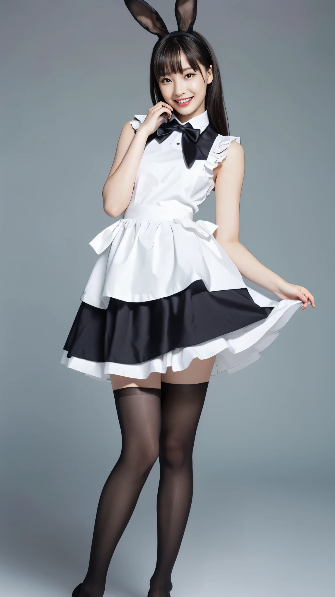 Bunny girl in maid clothes:1.5，Wearing black tights:1.5，The best smile:1.5，Full Body Shot:1.5，Gray background:1.5，Wearing black high heels:1.5，Fluttering mini skirt:1.5