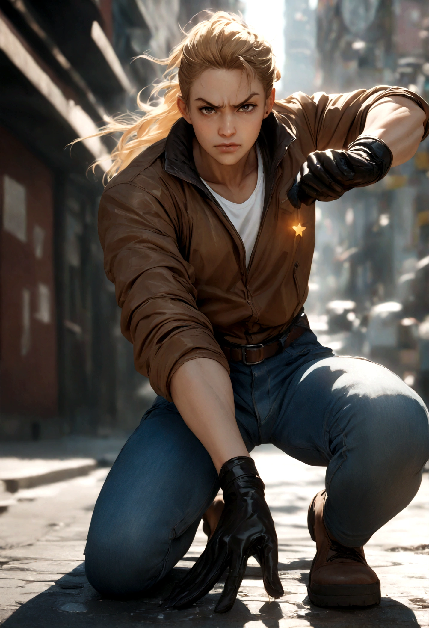 30-year-old man, alone, alone, athletic and muscular, has loose blonde hair, wears a brown jacket, on the arm of the jacket there is a small star in a circle, has a white t-shirt under the jacket, blue denim pants, belt brown and a large jean-type evilla, wears black exercise gloves, fighting position facing the viewer, angry gesture, background in a New York alley detailed realistic, cinematic, ultra sharp focus, award-winning photography, perfect contrast, high sharpness, depth of field, ultra detailed photography, global illumination, fluid, ultra high definition, 8k, Unreal Engine 5, ultra sharp focus, award winning photography, art season trends,
+