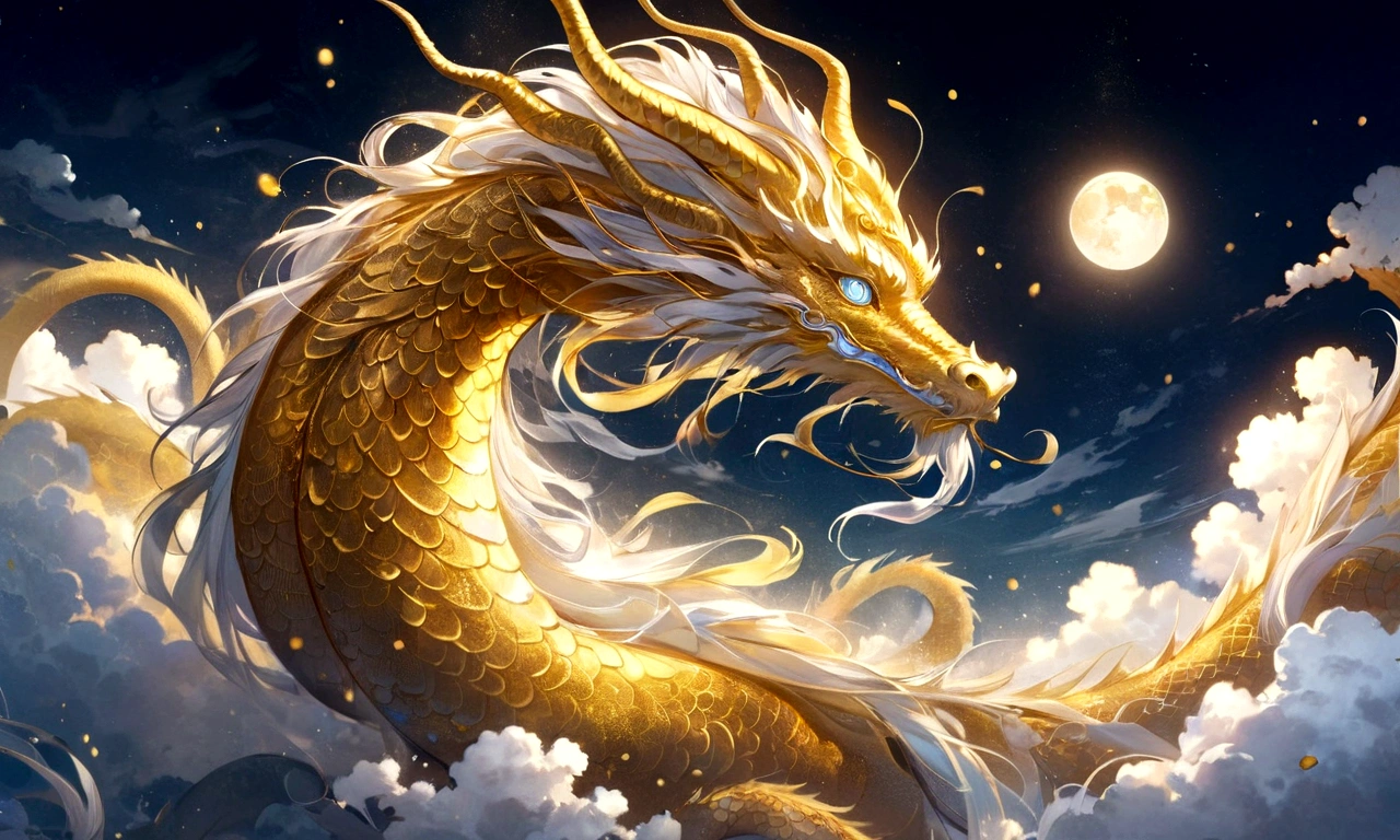A golden dragon god, gentle gaze, fantastic background, moonlight background, sea of clouds background, golden splashes, mysterious, divine light, mythical creature, traditional Chinese dragon, myth, speckled light, hazy haze, mysterious aura, masterpiece, fantastic, elegant dragon, good fortune, fantasy art
