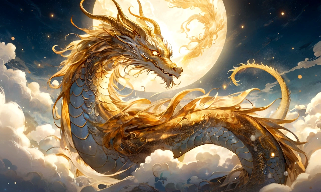 A golden dragon god, gentle gaze, fantastic background, moonlight background, sea of clouds background, golden splashes, mysterious, divine light, mythical creature, traditional Chinese dragon, myth, speckled light, hazy haze, mysterious aura, masterpiece, fantastic, elegant dragon, good fortune, fantasy art