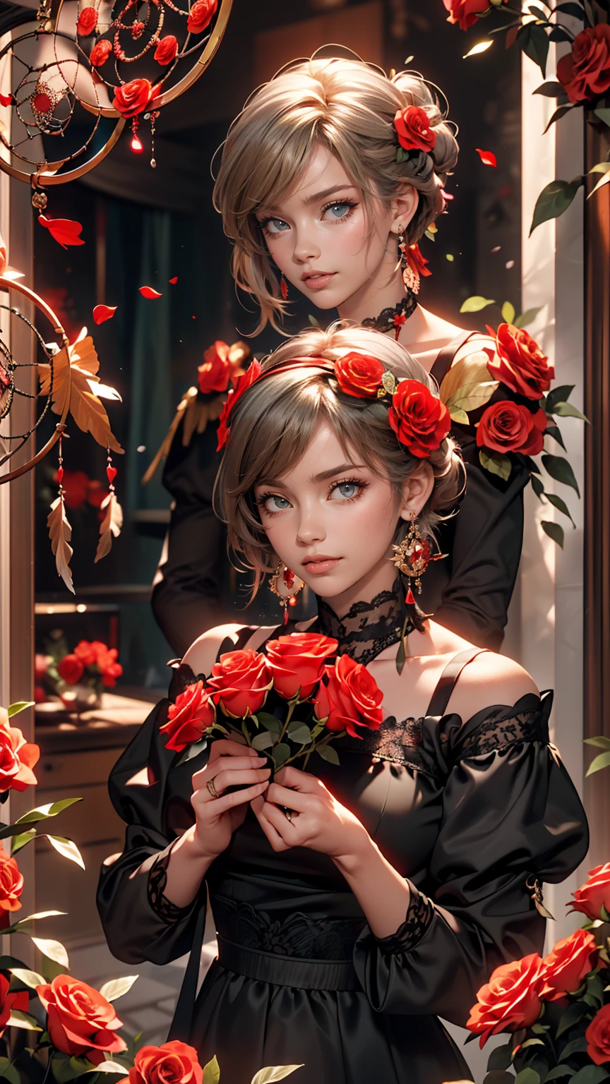 (highest quality, masterpiece), (One girl, alone, Black Dress, Are standing , View Viewer, Gray Hair, Red eyes, Holding roses, Mouth closed, Upper Body), (Red dream catcher behind, Red flower, )