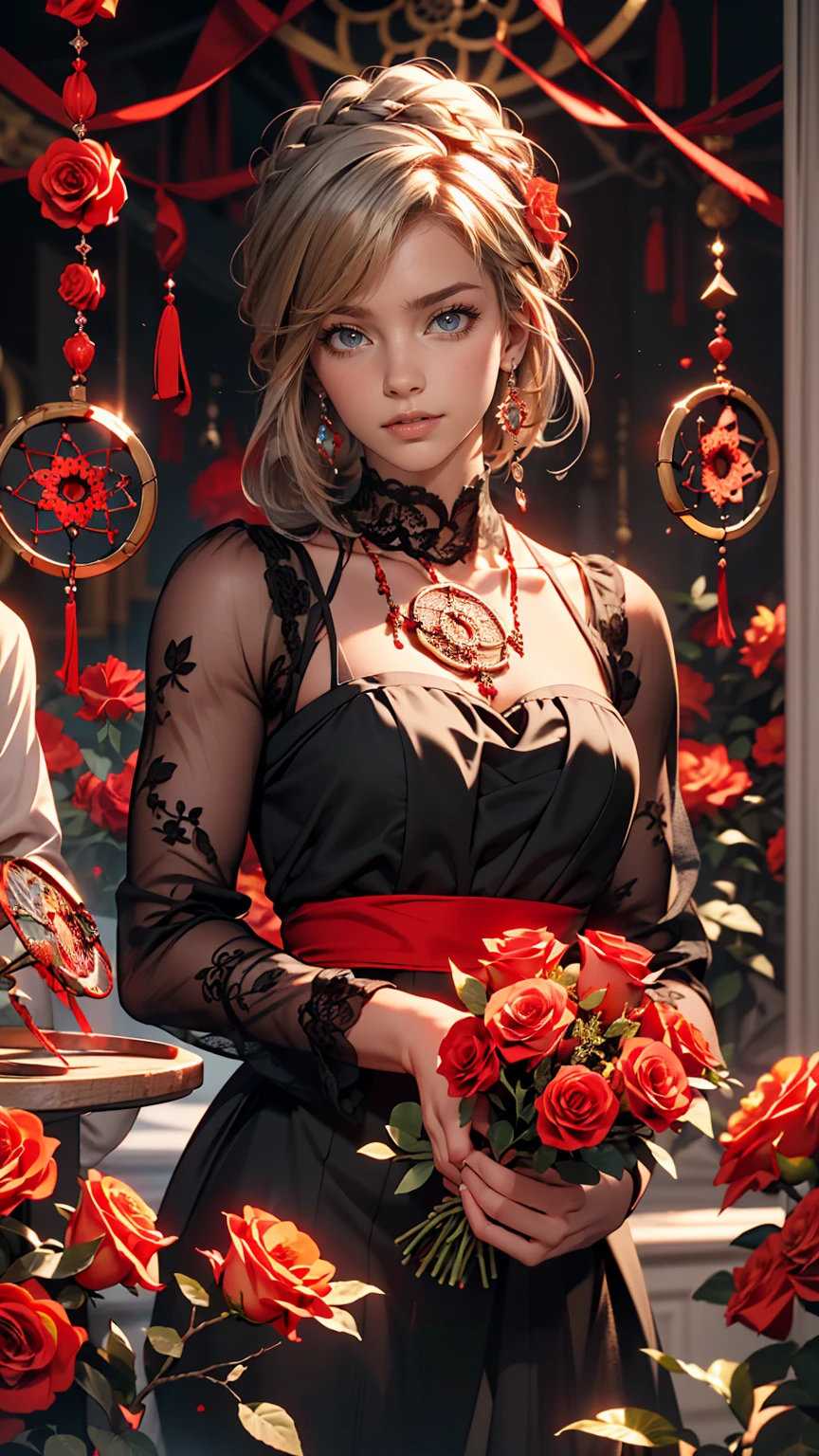 (highest quality, masterpiece), (One girl, alone, Black Dress, Are standing , View Viewer, Gray Hair, Red eyes, Holding roses, Mouth closed, Upper Body), (Red dream catcher behind, Red flower, )