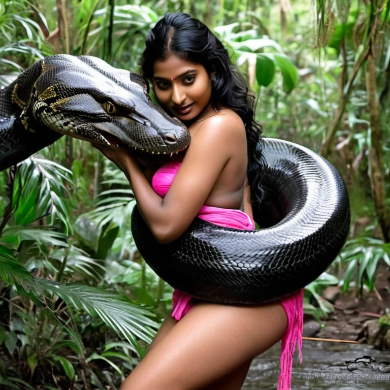  Topless  pink thong wearing aroused horny beautiful happy indian   girl  vs  Giant black anaconda    monster wrapped around her body squeezing her in coiled embrace cuddling and kissing  sexual erotic bestiality  sex  realistic in the rainforest full body, best quality wet 