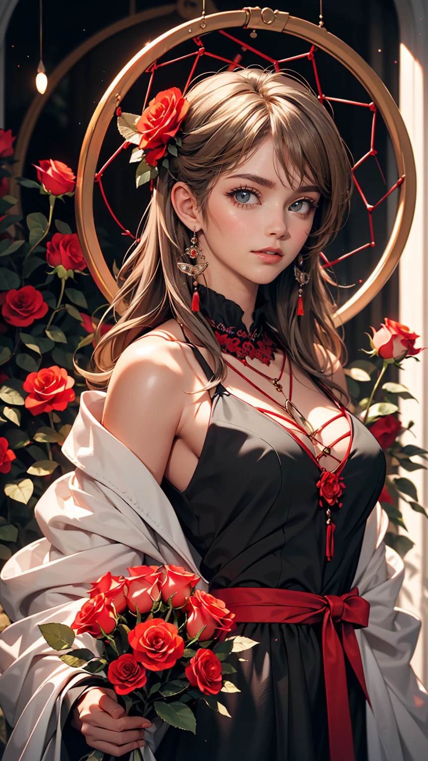 (highest quality, masterpiece), (One girl, alone, Black Dress, Are standing , View Viewer, Gray Hair, Red eyes, Holding roses, Mouth closed, Upper Body), (Red dream catcher behind, Red flower, )