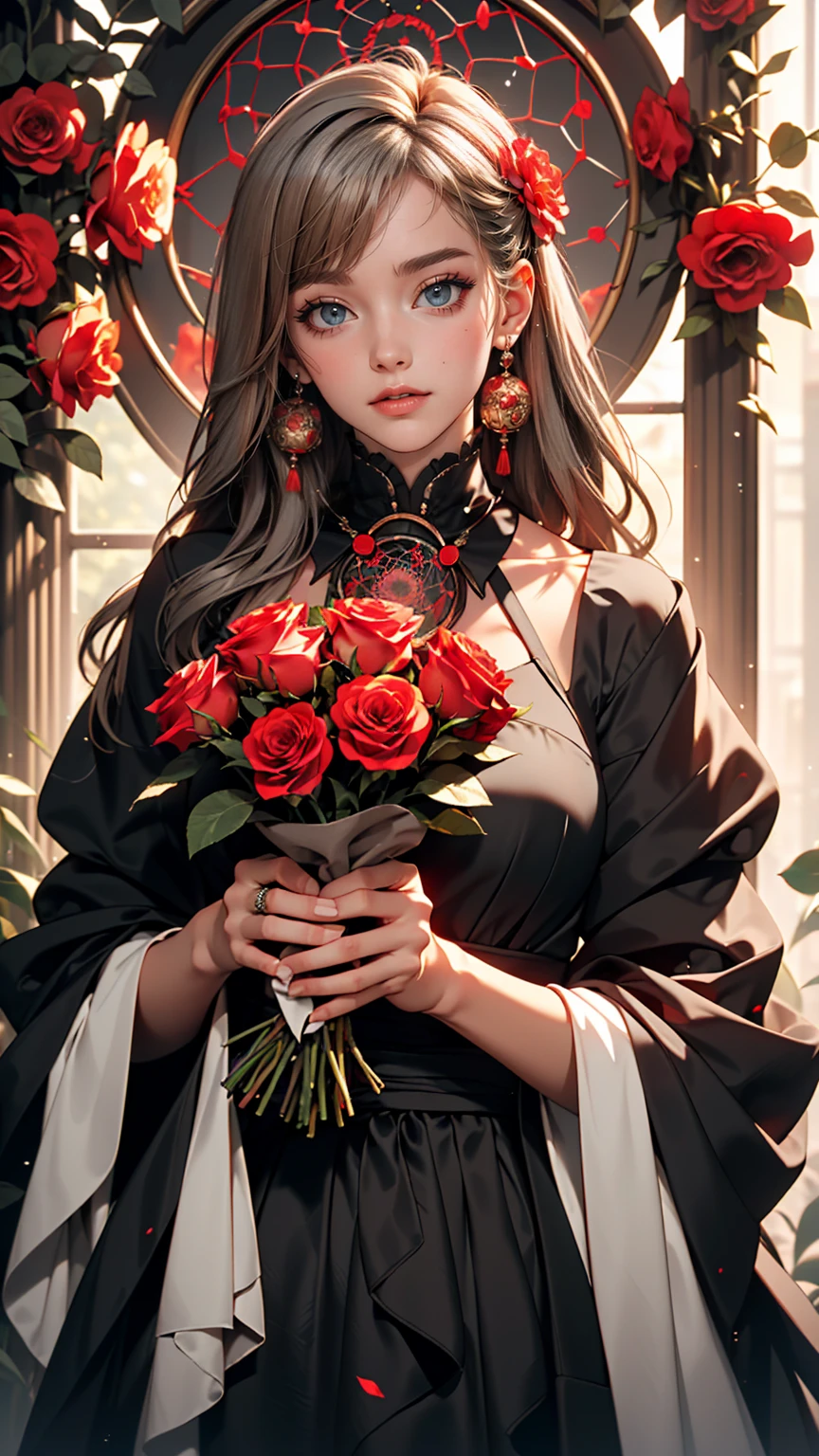 (highest quality, masterpiece), (One girl, alone, Black Dress, Are standing , View Viewer, Gray Hair, Red eyes, Holding roses, Mouth closed, Upper Body), (Red dream catcher behind, Red flower, )