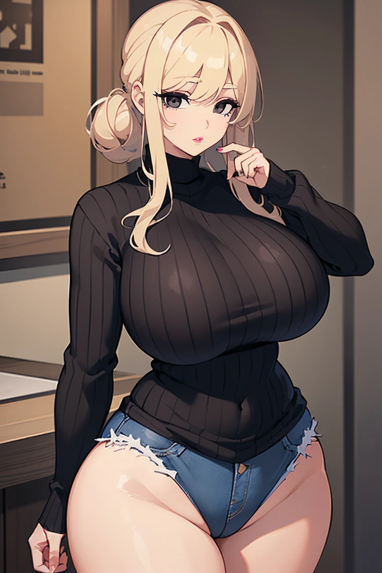 (Uhd, Masterpiece, Textured Skin, Super Detail, High Details, High Quality, Best Quality), Detailed Face, 1woman, mature pretty woman:1.5, ((Wide hips, thick thighs, massive huge breasts)), Blonde hair tied up, (Black sweater shirt), jeans, (Huge Body), (Hair tied up with side bangs)