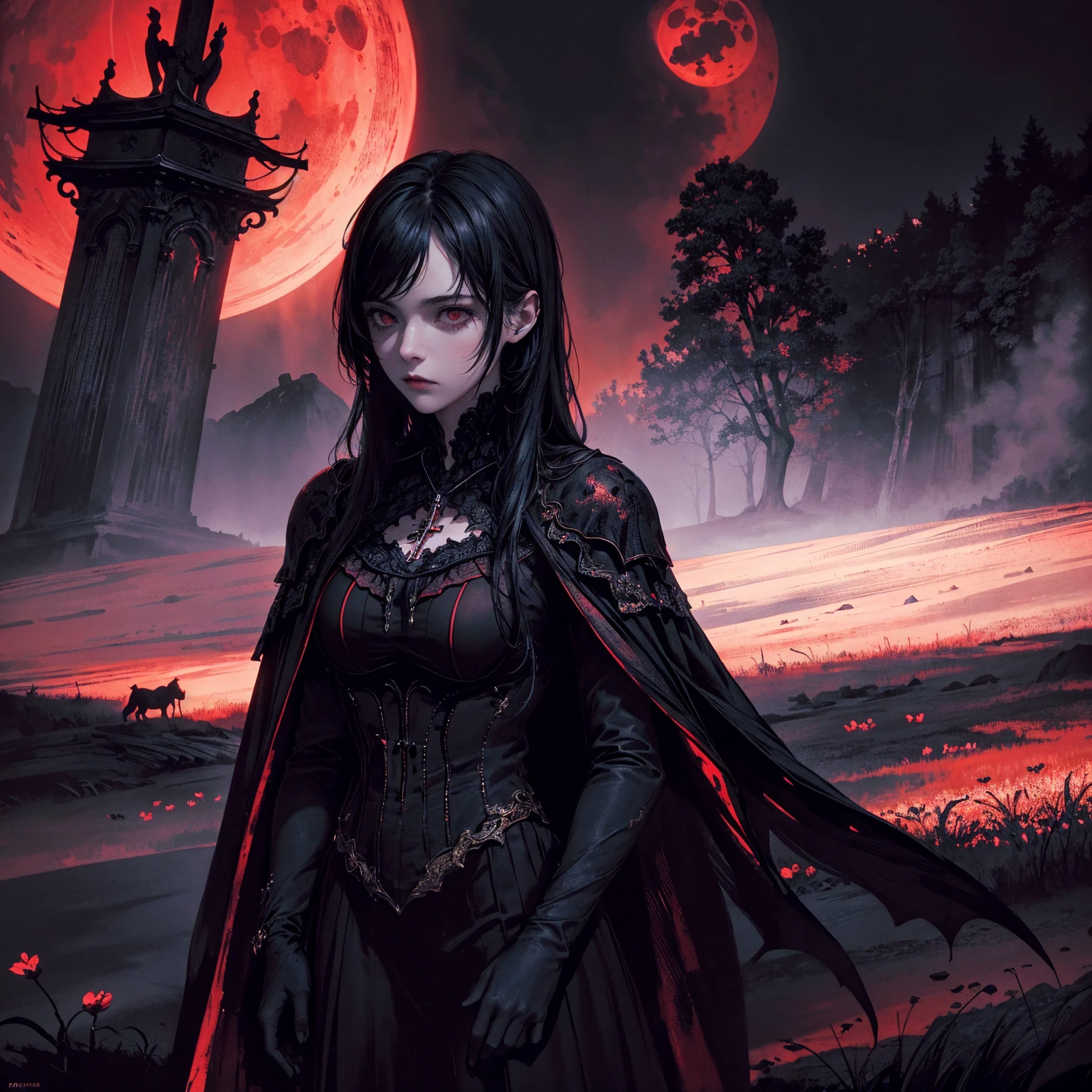 best quality, 4k, high resolution, masterpiece:1.2, Very detailed, actual:1.37, Mood lighting, girl, Crucified, Pitch black sky, Red Moonlight, strange atmosphere, Gothic style, Unforgettable beauty, Dramatic shadows, Ethereal Light, Mysterious atmosphere.