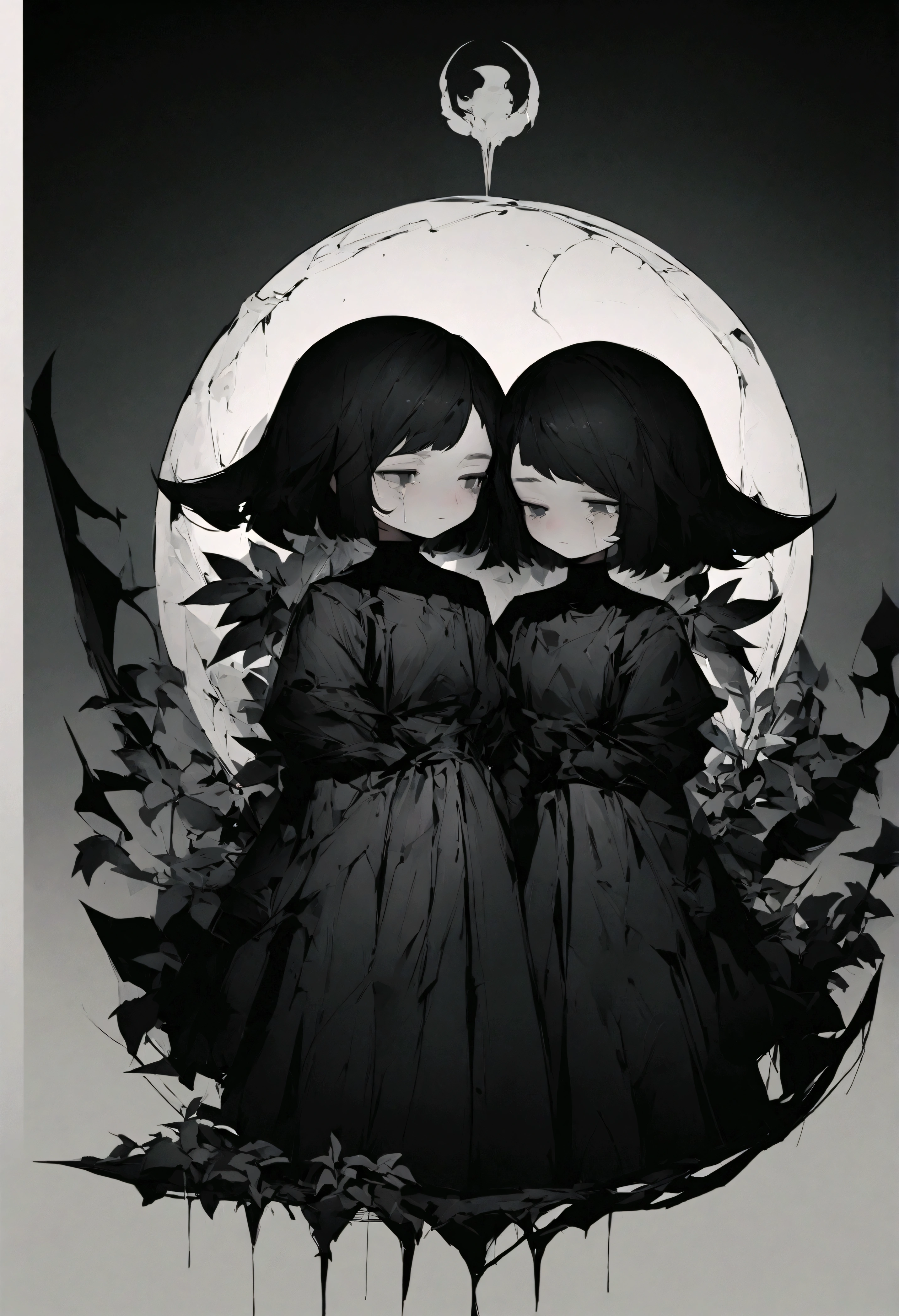 Create a simple and elegant plant witch logo,nature, shedding niobium tears. The design should convey a strong sense of sadness and melancholy, using a minimalist approach with clear ugly lines and using only deep matte black, nicola samori,ben templsmith,Irina Yermolova