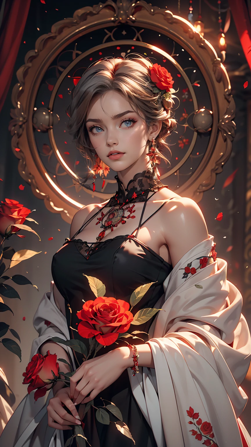 (highest quality, masterpiece), (One girl, alone, Black Dress, Are standing , View Viewer, Gray Hair, Red eyes, Holding roses, Mouth closed, Upper Body), (Red dream catcher behind, Red flower, )