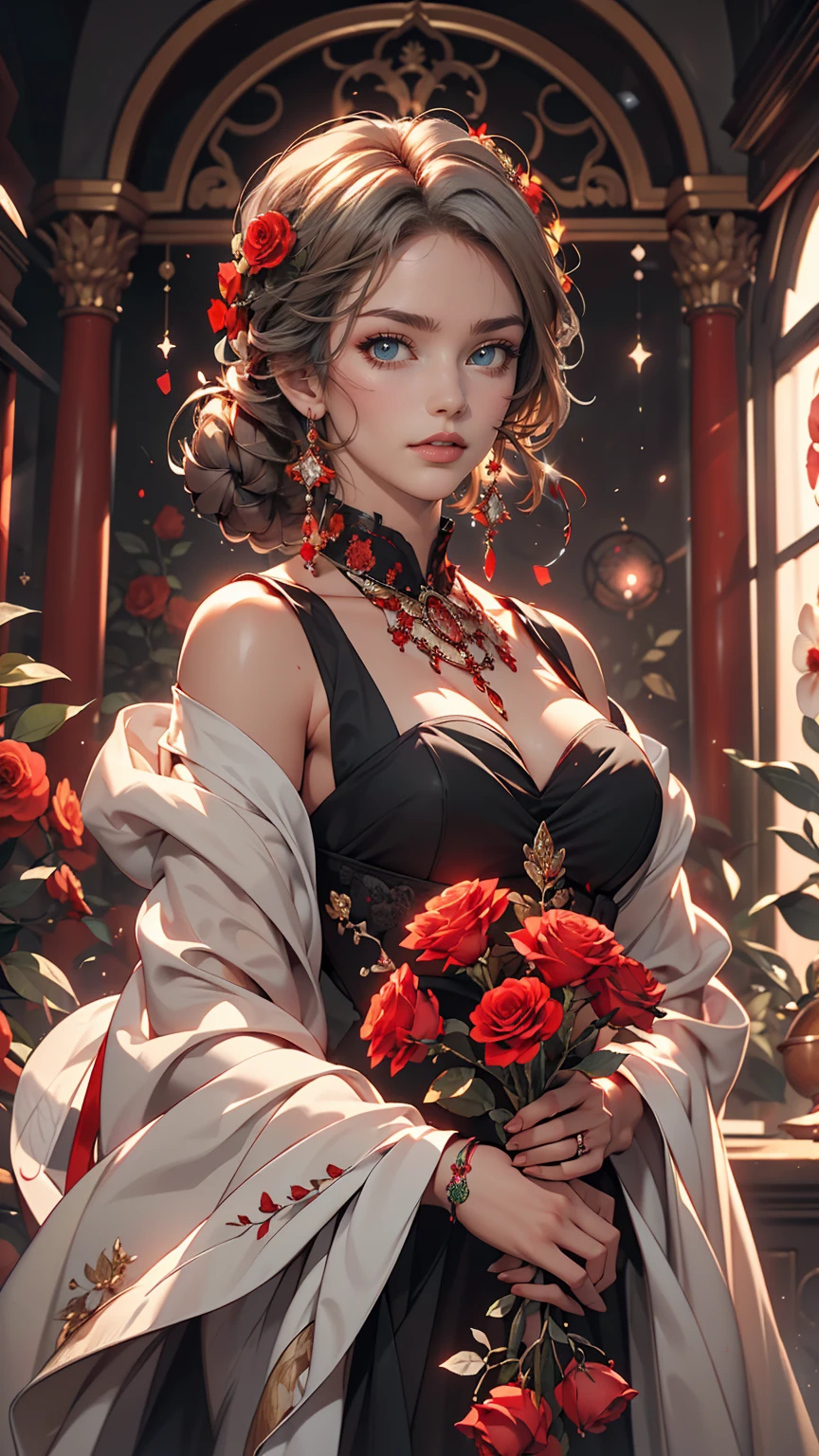 (highest quality, masterpiece), (One girl, alone, Black Dress, Are standing , View Viewer, Gray Hair, Red eyes, Holding roses, Mouth closed, Upper Body), (Red dream catcher behind, Red flower, )