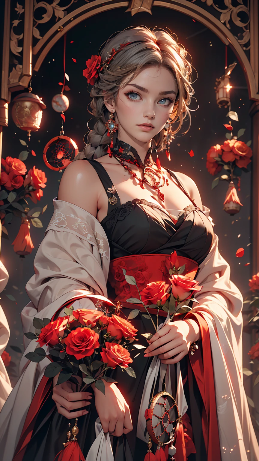 (highest quality, masterpiece), (One girl, alone, Black Dress, Are standing , View Viewer, Gray Hair, Red eyes, Holding roses, Mouth closed, Upper Body), (Red dream catcher behind, Red flower, )