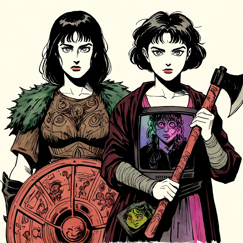 (MTV animated show Daria style), Daria Morgendorffer and Jane Lane candid portrait, portraying warriors, holding shield and hatchet, (mike judge 90's Daria hand drawn animated cartoon style reference), (MTV, animated 1990s show Daria), minimal hand drawn sketch, watercolor, charcoal, surreal, animated hand drawn cartoon rotoscope, (full roygbiv color) ink expressive illustration, no light source, darkness, light mask uv rays across face, absurd, with rich color grading, cel shading, warm and unified colors, animated, VHS, glitch, distorted, nostalgia, 90's retro vibe, hyper maximal, strange, hyperrealistic, rotoscope expressive ink bold line hand drawn, in a cinematic style, analog tape, vcr aesthetics, tv, television, hand drawn, minimal, precise, splash page decompressed comic cover art, ink style figure, ((expressive Joelle Jones and "Sean Gordon Murphy" comic drawing)), wordless, cinematic poster, abyss void black no visibility darkness, full length portrait, colors, bleak muted deep fiery radiant glowing ROYGBIV, (background, pine barrens, entropy, rewilding, magic hour sunset, galaxy stars, cosmos), candid, craftsmanship nuance, (Gerardo Zaffino charcoal), (horror, abstract, surreal, body, cosmic), subliminal orchids, nyctophobia, silhouette, double exposure, image within image,
