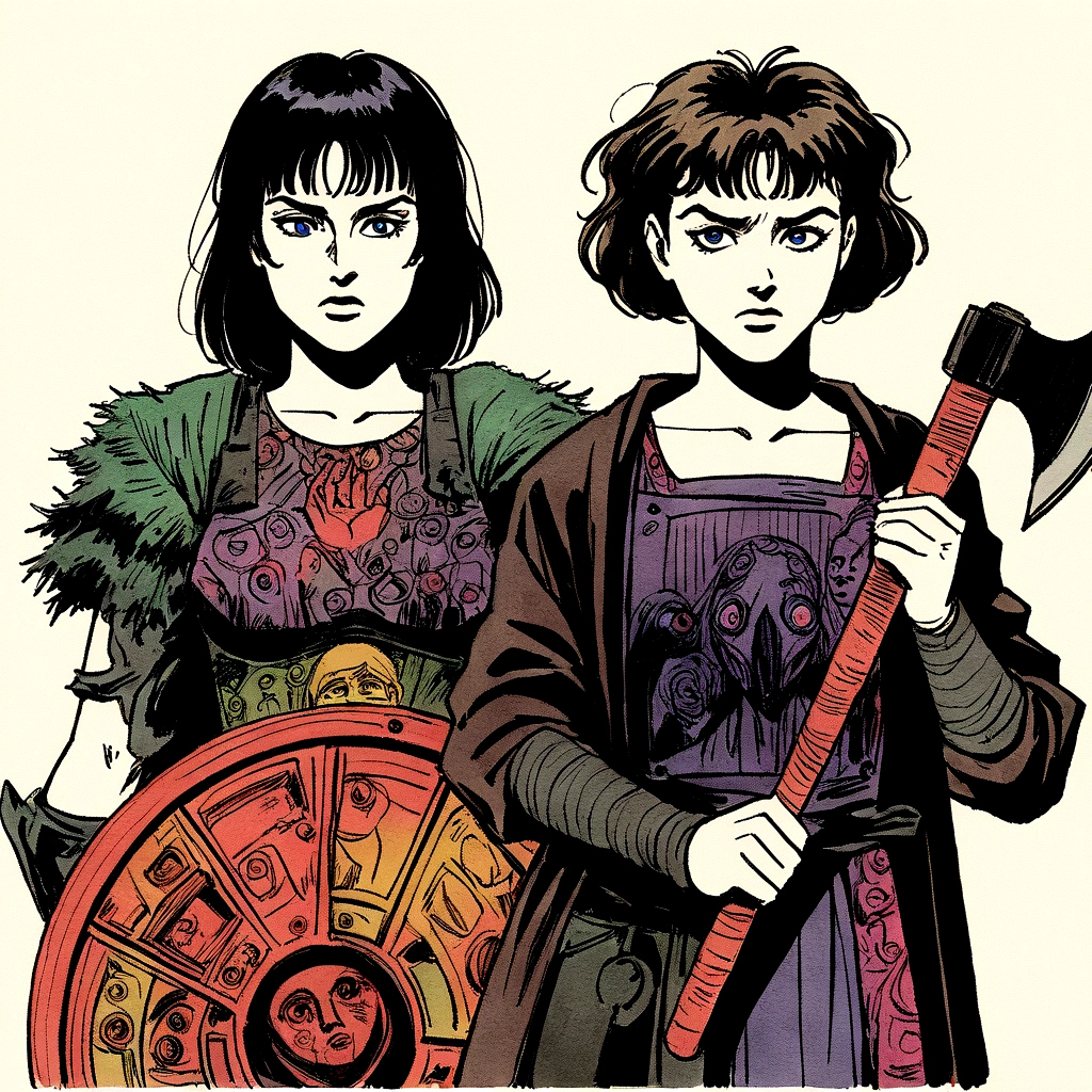 (MTV animated show Daria style), Daria Morgendorffer and Jane Lane candid portrait, portraying warriors, holding shield and hatchet, (mike judge 90's Daria hand drawn animated cartoon style reference), (MTV, animated 1990s show Daria), minimal hand drawn sketch, watercolor, charcoal, surreal, animated hand drawn cartoon rotoscope, (full roygbiv color) ink expressive illustration, no light source, darkness, light mask uv rays across face, absurd, with rich color grading, cel shading, warm and unified colors, animated, VHS, glitch, distorted, nostalgia, 90's retro vibe, hyper maximal, strange, hyperrealistic, rotoscope expressive ink bold line hand drawn, in a cinematic style, analog tape, vcr aesthetics, tv, television, hand drawn, minimal, precise, splash page decompressed comic cover art, ink style figure, ((expressive Joelle Jones and "Sean Gordon Murphy" comic drawing)), wordless, cinematic poster, abyss void black no visibility darkness, full length portrait, colors, bleak muted deep fiery radiant glowing ROYGBIV, (background, pine barrens, entropy, rewilding, magic hour sunset, galaxy stars, cosmos), candid, craftsmanship nuance, (Gerardo Zaffino charcoal), (horror, abstract, surreal, body, cosmic), subliminal orchids, nyctophobia, silhouette, double exposure, image within image,
