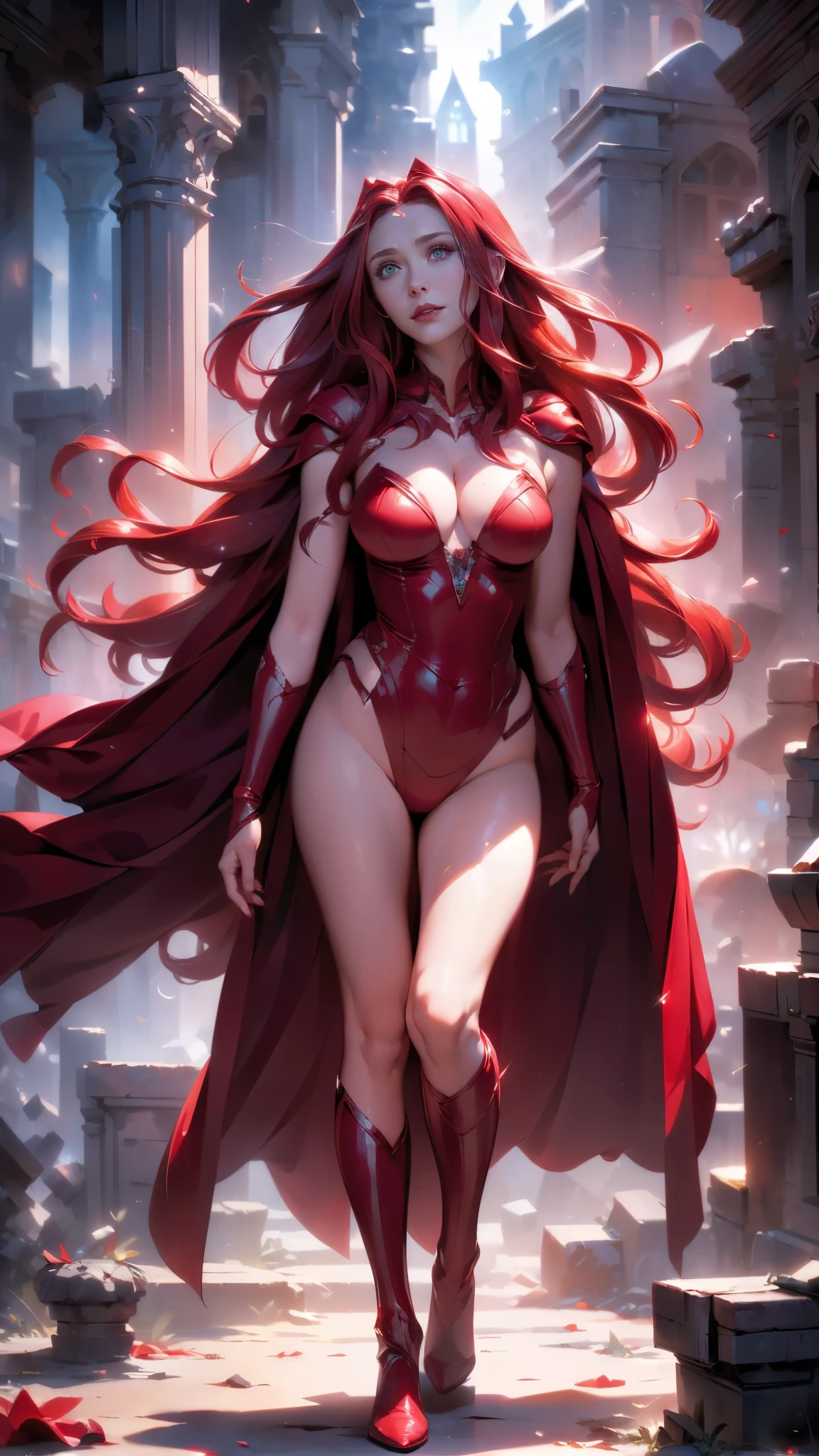 best quality,ultra-detailed,realistic,(sexy scarlet witch) ,beautiful detailed eyes, beautiful detailed lips,( long red hair:1.4) , (witch costume:1.4) , glowing magical powers, intense gaze, confident posture, dark and mysterious background, vibrant colors, enchanting art style, dramatic lighting, ,(Fondo de ruinas de mazmorra en ruinas cyberpunk :1.4 ),( Scarlet Witch:1.4), (perfect anatomy :1.4),( cinematic lighting :1.4), score_9, score_8_up, score_7_up, score_6_up, rating_explicit, 1girl, ((18YO:1.2)), Adult, full lips, big clear eyes, light blue eyes, (( hair:1)), (long wavy hair: 1.2),(Elizabeth Olsen:1.4), (Elizabeth Olsen V2.1), (face detailed :1.4), ,(Fondo de ruinas de mazmorra en ruinas piedras grandes :1.4 ), (estilo encaje lingerie red:1.4),( perfect anatomy V2.1) 