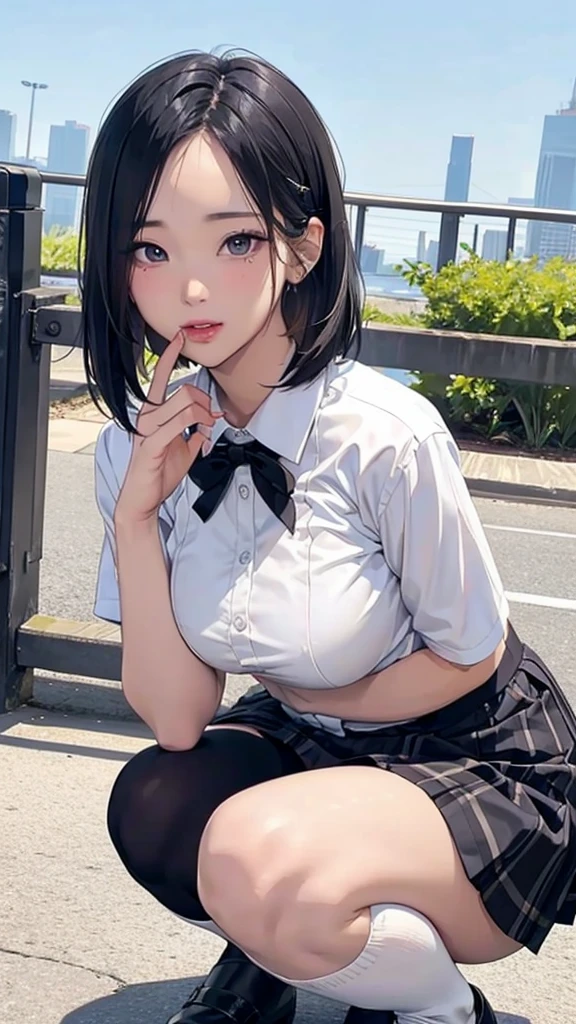 Girl in summer clothes, Loud bangs、White blouse and black plaid skirt, Squatting on the ground, Looking straight ahead, Black stockings or long stockings, Make it as if she wants to kiss you, View from the Viewer, Close-up photos, medium breasts, Cityscape, flirtatious look, ((Very detailed)), (Perfectly detailed face), (Well detailed hands), (Well detailed hands) Photorealistic images.、Big Breasts:1.2