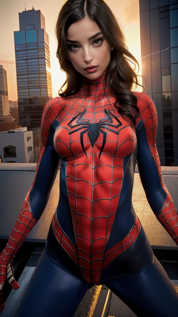 ((Emily Willis)), (((exposed breasts, show nipples))), unzipped:1.2, bright eyes, ((costume is unzipped from her chest to her bellybutton)), smile, Beautiful woman detailed defined body, ((spider man cosplay)), small breasts, ((breasts popping out)), thigh gap, (exposed midriff) unzipped, auburn hair, narrow waist, wide hips ((bare chest)), (show nipples) (((location is detailed city rooftop))), time of day is night, the costume is unzipped, ((her bare breasts are exposed)), visible nipples, (toned body)