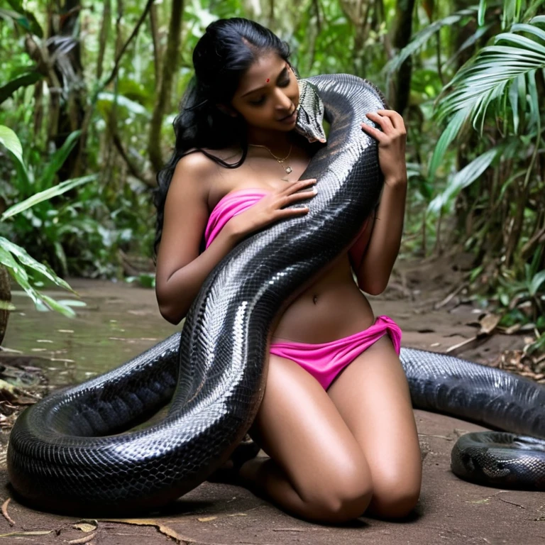  Topless  pink thong wearing aroused  beautiful happy indian  teen   vs  Giant black anaconda    monster wrapped around her body squeezing her in coiled embrace cuddling and kissing  sexual erestialix  realhe rainforesull body, best quality wet 