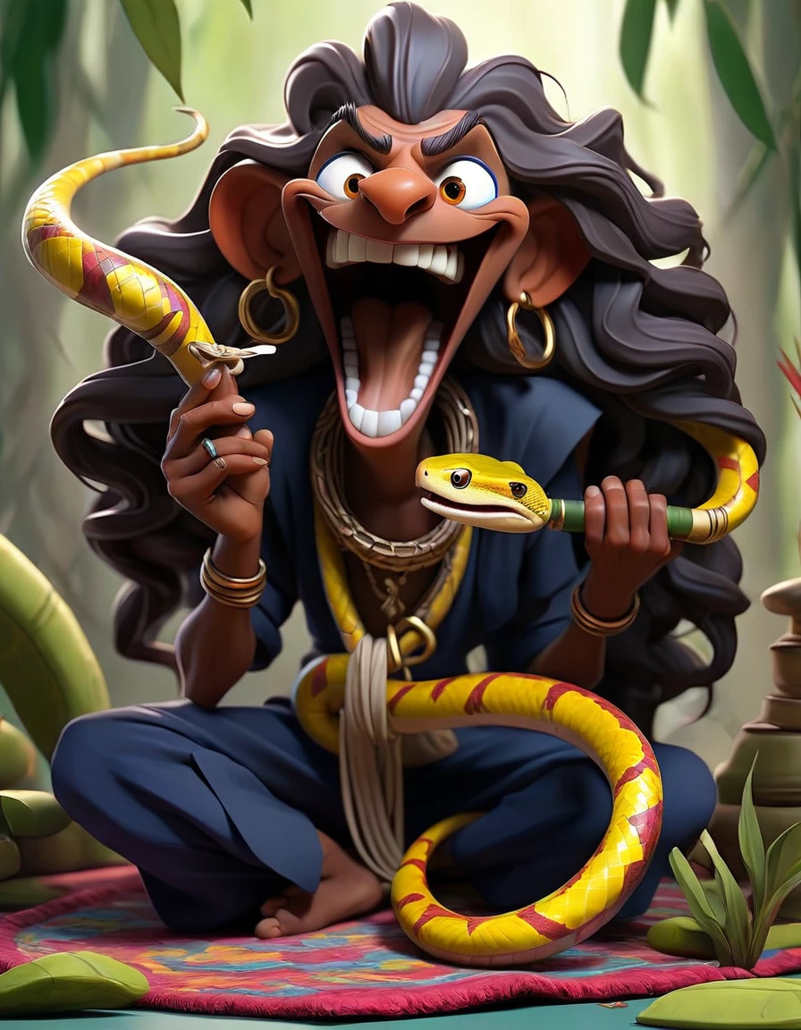 A vivid illustration of an Indian snake charmer, with wild, disheveled hair and a manic expression, screaming while playing his traditional snake flute. The flute, made of bamboo, has a snake wrapped around it, while the charmer stands on a colorfully patterned rug. Around him, there are several more snakes, some of which are coiled and others uncoiled, adding to the chaotic scene. The atmosphere is both exotic and unsettling, with the bright colors and patterns contrasting with the snakes and the charmer's wild energy. consumed by witches