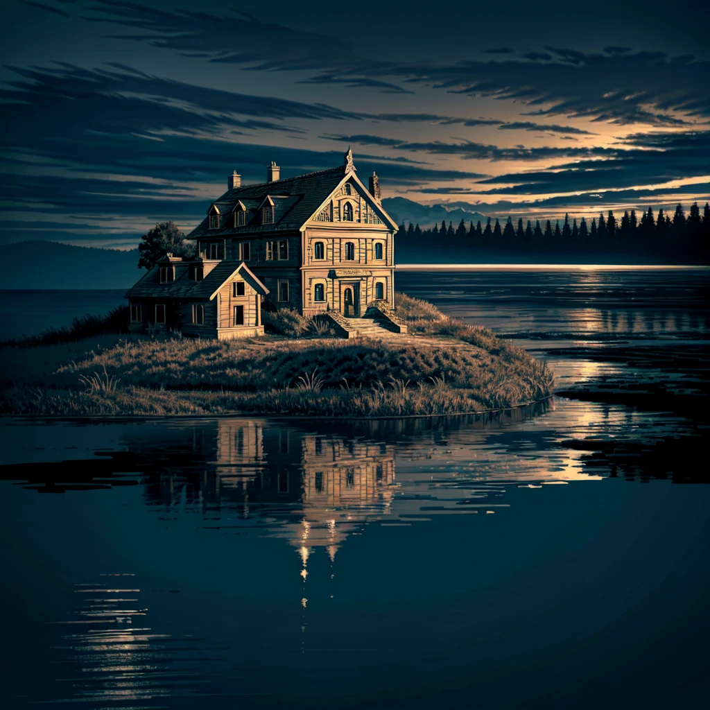 a abandoned house by a lake, detailed landscape, tranquil water, (best quality,4k,8k,highres,masterpiece:1.2),ultra-detailed,(realistic,photorealistic,photo-realistic:1.37),majestic oil painting, intricate, high detail, sharp focus, dramatic and photorealistic painting art, lush foliage, moody atmosphere, dramatic lighting, serene and melancholic mood, weathered wood textures, reflections in the water, dramatic sky with clouds