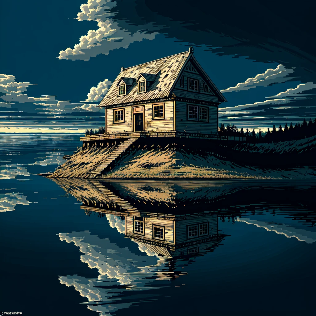 a abandoned house by a lake, detailed landscape, tranquil water, (best quality,4k,8k,highres,masterpiece:1.2),ultra-detailed,(realistic,photorealistic,photo-realistic:1.37),majestic oil painting, intricate, high detail, sharp focus, dramatic and photorealistic painting art, lush foliage, moody atmosphere, dramatic lighting, serene and melancholic mood, weathered wood textures, reflections in the water, dramatic sky with clouds