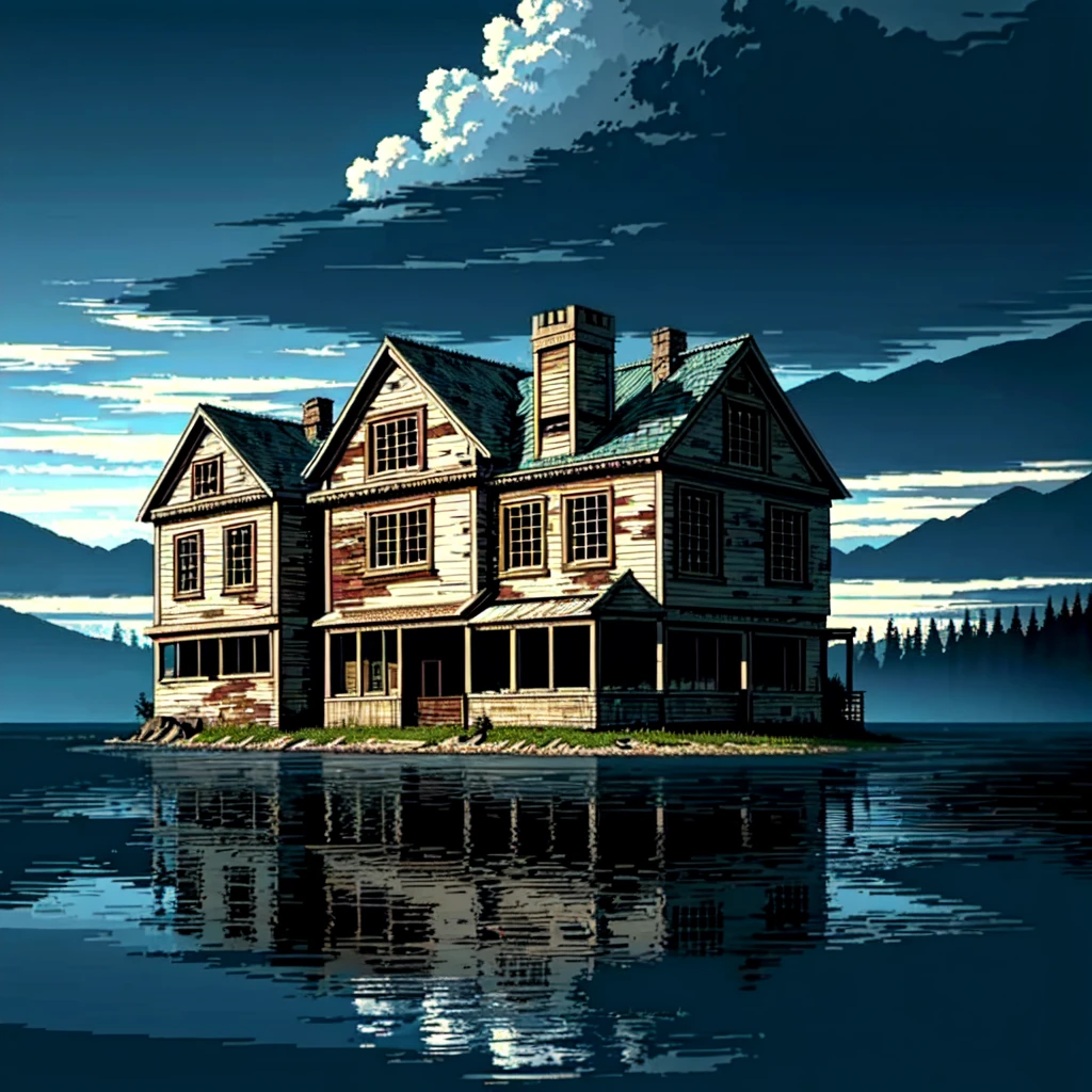 a abandoned house by a lake, detailed landscape, tranquil water, (best quality,4k,8k,highres,masterpiece:1.2),ultra-detailed,(realistic,photorealistic,photo-realistic:1.37),majestic oil painting, intricate, high detail, sharp focus, dramatic and photorealistic painting art, lush foliage, moody atmosphere, dramatic lighting, serene and melancholic mood, weathered wood textures, reflections in the water, dramatic sky with clouds