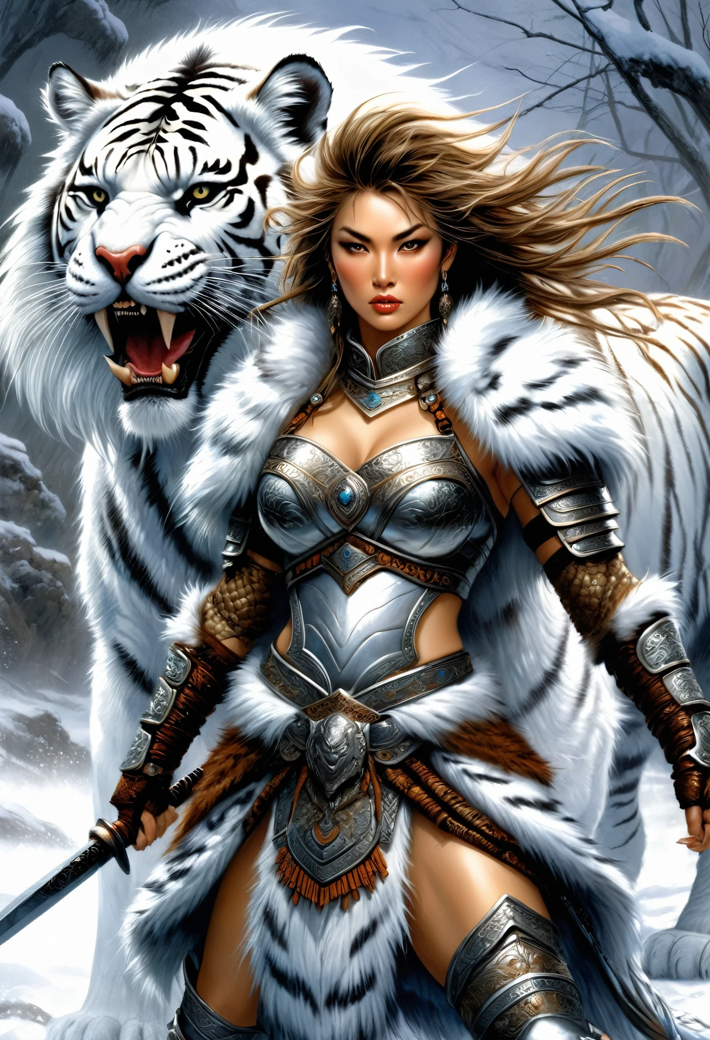 Wearing warm winter clothing made of thick fur, Cleverly combines traditional Chinese design patterns with contemporary elements ，messy hair, Fierce expression，Energetic, Sharp eyes，The legendary god with a spear，arafed image of a woman riding a white tiger, amano and karol bak, Carol Buck Wood, Female Warrior, 一位美丽的Female Warrior, Tyler Edlin Fantasy Art, barbarian Female Warrior, tiger_beast, Epic Fantasy Character Art, wearing intricate fur armor, style of luis royo, 北方Female Warrior, Surreal Luis Royo, author：Mark Brooks