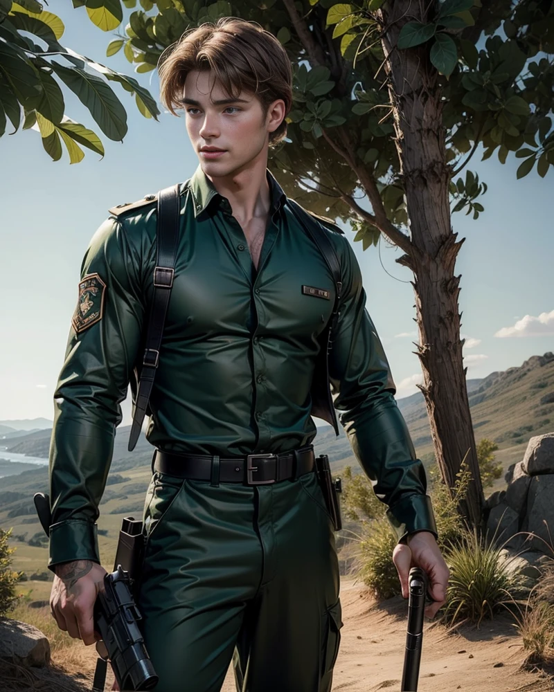 Sexy man, beautiful features, demonic eyes, wide smile, militar clothes, (muscle body) ((scars on his face)),outside at the camp training , dominant aura, ethereal, ((green eyes)), realistic, (((solo))), 8k, hyperrealism, perfect body, militar, dangerous job, best quality, realism, he's on duty, militar shirt and pants, combat boots, holding a gun, jack dawson hair and face
