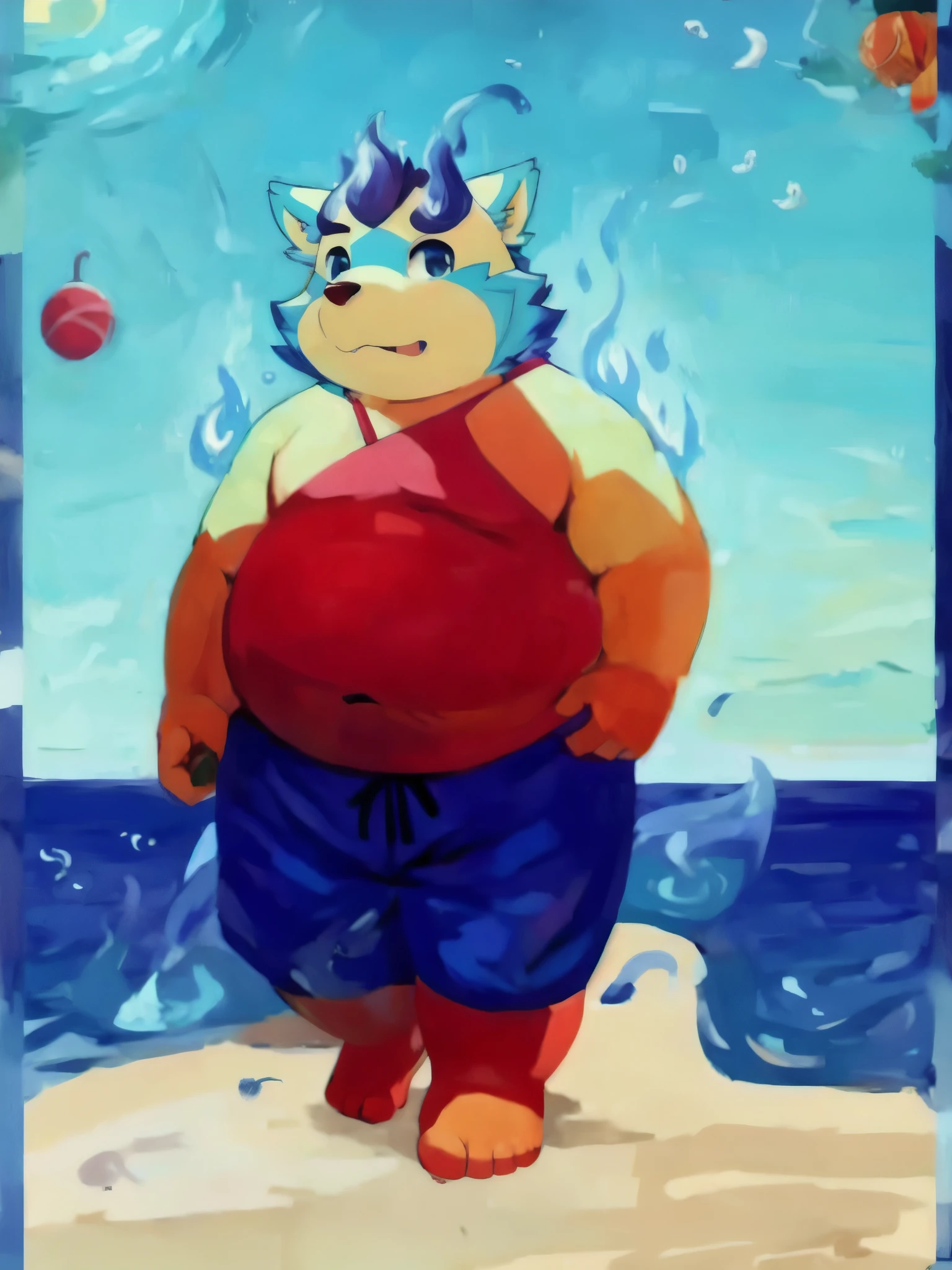 solo, 1boy, (Huge jinbei sitting in swimming pool, blue skin, underpants, bulge, partial submerged, hand rubbing belly) (fat, obese, huge belly, chubby) (topless, shirtless), pool background, masterpiece, high detailed, 8k, high resolution