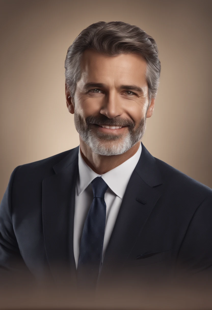 realistic image of middle-aged business professional, 100 ponds of weight, professionally dressed in a suit and tie, high-quality, highest resolution, standing position, hands down, professional, beautiful detailed slightly brownish eyes , beautiful detailed lips, short beard, graying short hair, kind expression, warm smile, distinguished look, proper lighting, plain background, clean image with no blurry effect, ultra-detailed texture,masterpiece:1.2