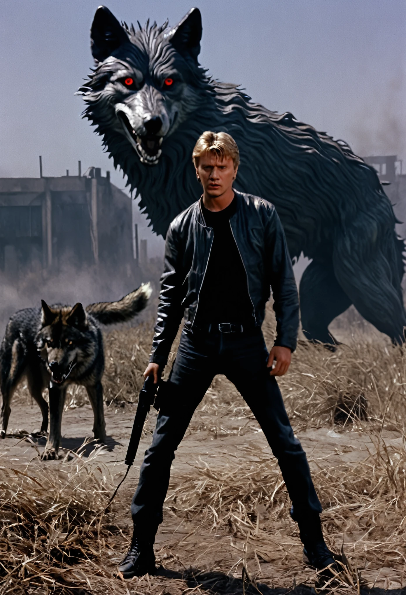 Johnny Lawrence in a dystopian field with a rabid wolf behind him.
