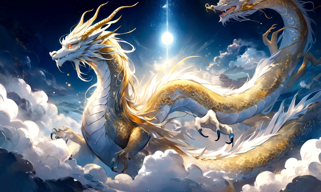 Silver dragon god, gentle gaze, fantastic background, moonlight background, sea of clouds background, golden splashes, mysterious, sacred light, mythical creature, traditional Chinese dragon, mythology, speckled light, hazy haze, mysterious aura, masterpiece, fantastic and graceful dragon, good luck, fantasy art