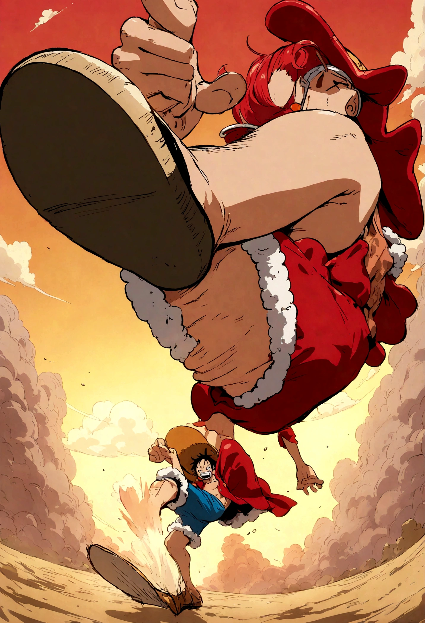 Luffy from One Piece, High quality images, kicking a ball, red hair