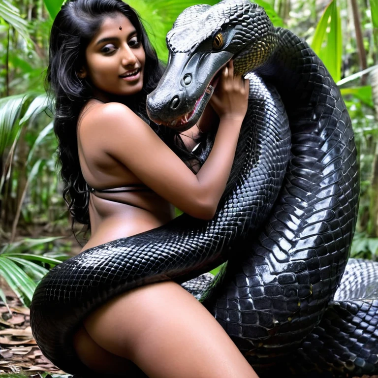  Topless  pink thong wearing aroused horny beautiful happy indian  teen girl  vs  Giant black anaconda    monster wrapped around her body squeezing her in coiled embrace cuddling and kissing  sexual erotic bestiality  sex  realistic in the rainforest full body, best quality wet 