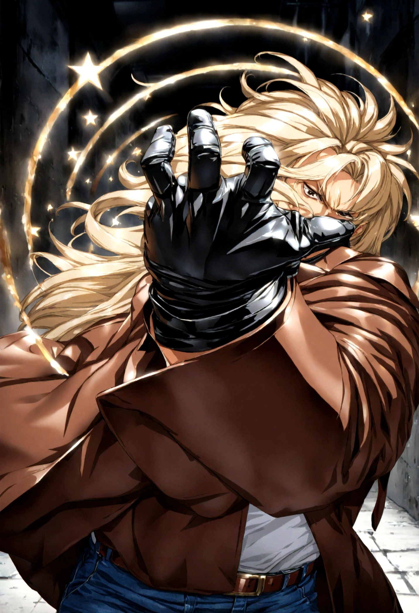 30-year-old man, alone, alone, athletic and muscular, has loose blonde hair, wears a brown jacket, on the arm of the jacket there is a small star in a circle, has a white t-shirt under the jacket, blue denim pants, belt brown and a large jean-type evilla, wears black exercise gloves, fighting position facing the viewer, angry gesture, background in a New York alley detailed realistic, cinematic, ultra sharp focus, award-winning photography, perfect contrast, high sharpness, depth of field, ultra detailed photography, global illumination, fluid, ultra high definition, 8k, Unreal Engine 5, ultra sharp focus, award winning photography, art season trends,