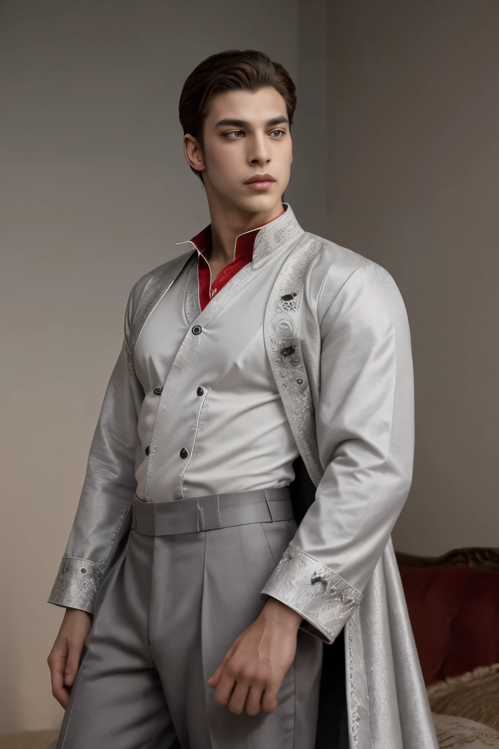 prince with big red wings, dark brown hair, gray eyes, handsome and in heavenly clothes
Handsome Male 2.5D - LORA