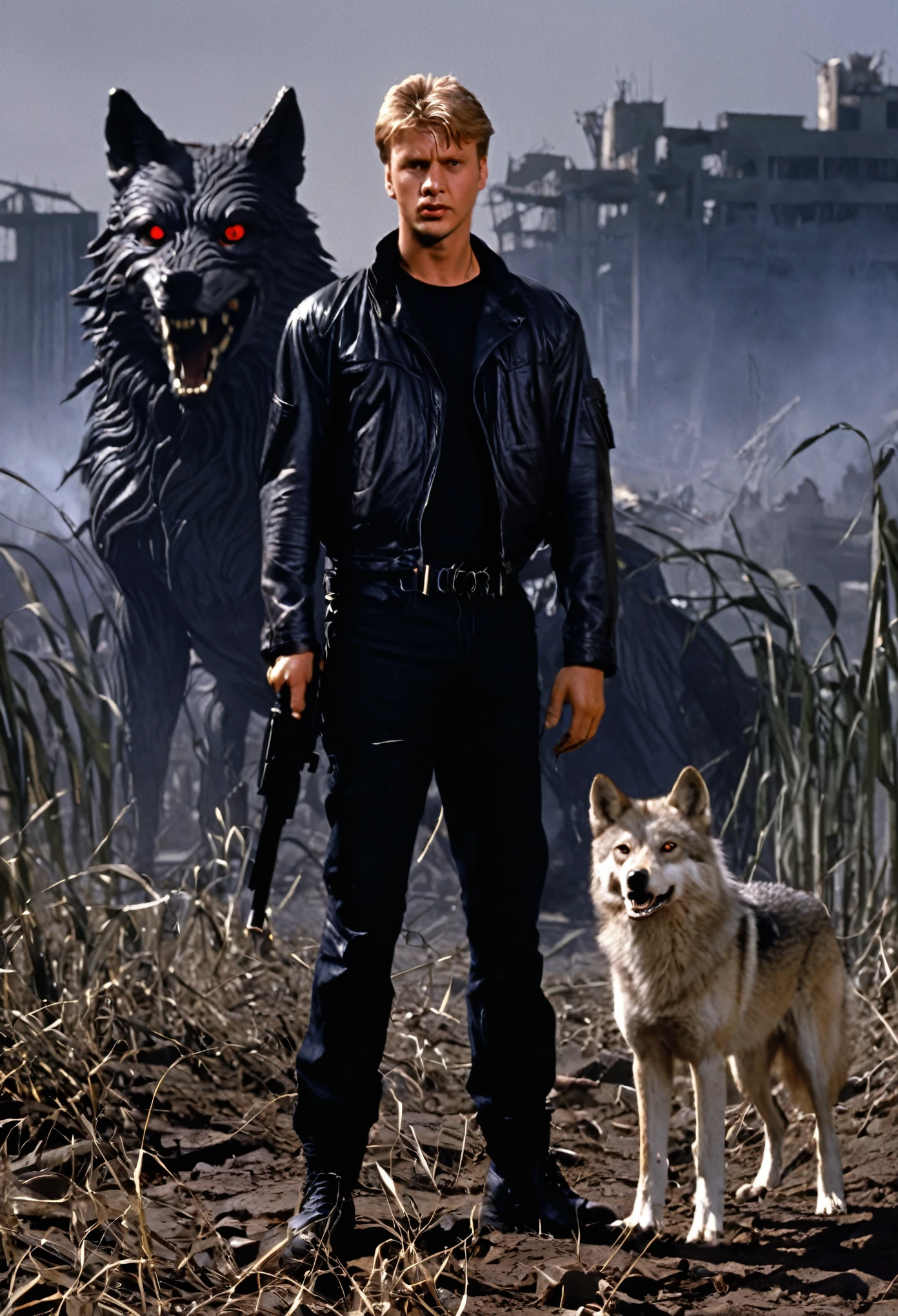 Johnny Lawrence in a dystopian field with a rabid wolf behind him.
