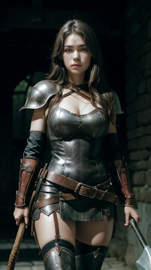1girl, (solo:1.2), (fullbody shot:1.2), (closed_mouth:1.2), long legs, slim legs, gigantic_breasts, lace choker, necklace, exquitive stud_earrings, Sword_Helm, Build a magnificent, ultra-detailed masterpiece, ( wearing Sleek tunic with decorative motifs and embroidered borders ), Femme fatale, Short, Thin, Triangular Face, Olive Skin, Red Hair, Amber Eyes, Straight Nose, Full Lips, Round Chin, Shoulder-Length Hair, Wavy Hair, Top Knot, asymmetrical breasts, Dangle earrings, mauve gloss lipstick, Graphic Design, imaginative, Waves, <lora:tools\add_sharpness:0.8>,