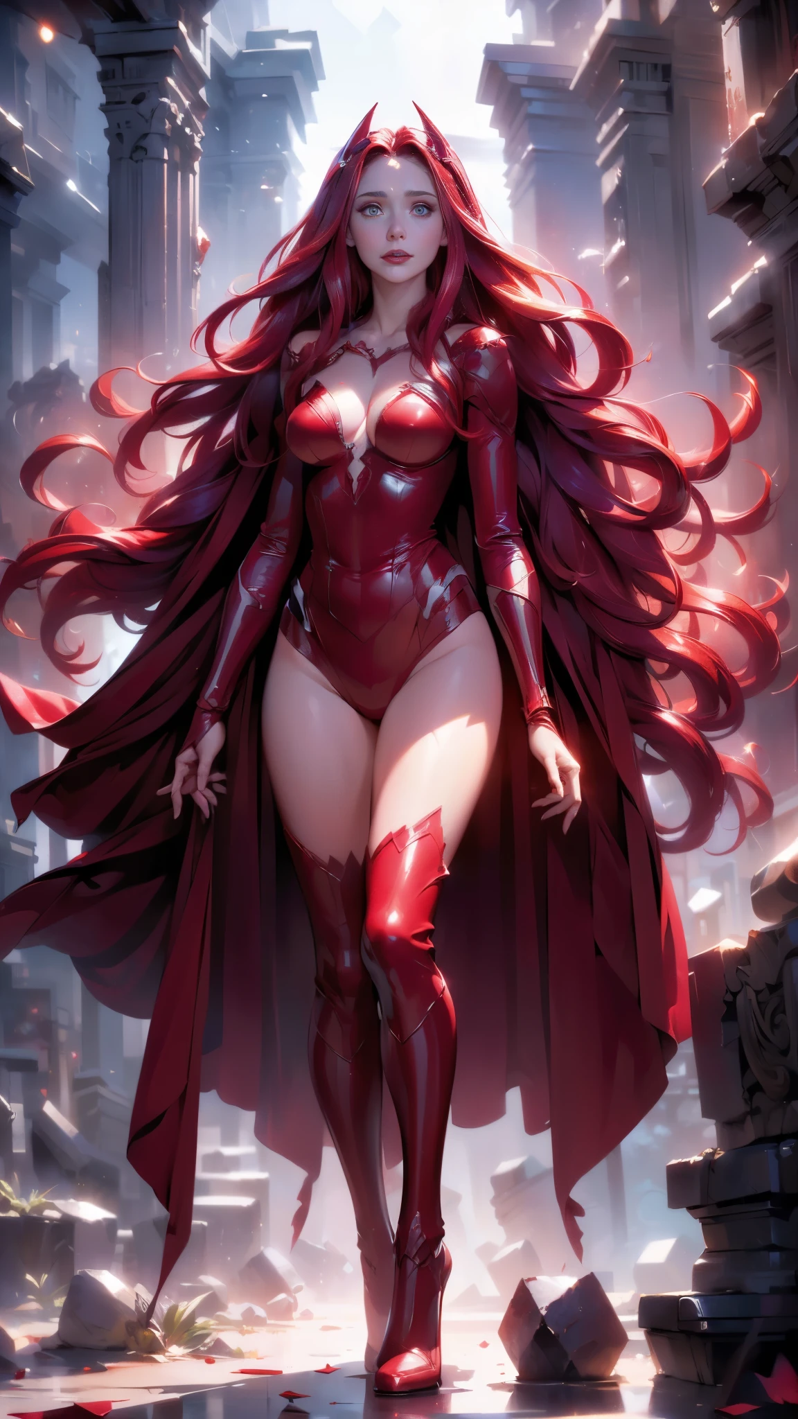 best quality,ultra-detailed,realistic,(sexy scarlet witch) ,beautiful detailed eyes, beautiful detailed lips,( long red hair:1.4) , (witch costume:1.4) , glowing magical powers, intense gaze, confident posture, dark and mysterious background, vibrant colors, enchanting art style, dramatic lighting, ,(Fondo de ruinas de mazmorra en ruinas cyberpunk :1.4 ),( Scarlet Witch:1.4), (perfect anatomy :1.4),( cinematic lighting :1.4), score_9, score_8_up, score_7_up, score_6_up, rating_explicit, 1girl, ((18YO:1.2)), Adult, full lips, big clear eyes, light blue eyes, (( hair:1)), (long wavy hair: 1.2),(Elizabeth Olsen:1.4), (Elizabeth Olsen V2.1), (face detailed :1.4), ,(Fondo de ruinas de mazmorra en ruinas piedras grandes :1.4 ), (estilo encaje lingerie red:1.4),( perfect anatomy V2.1) 