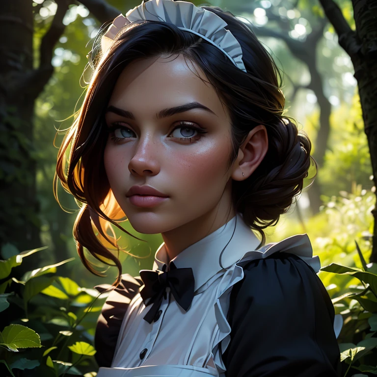 Maid、Female Warrior、弓を射るMaid、日本伝統の着物を着た美しく繊細なMaid、(Maidの動きをモーションブラー効果で表現:1.5)、(highest quality、4k、8k、High resolution、masterpiece:1.2)、Super detailed、(Real、Photorealistic、Photorealistic:1.37)、詳細なMaid、Ethereal lighting、green々Leaf、Magical atmosphere、Dramatic Shadows、Stunning night forest scene in vibrant colors