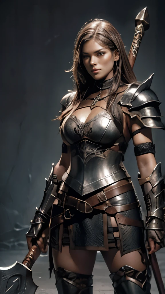A young and beautiful, muscular female heavy-armored warrior in massive, thick, blood-splattered plate armor, caked with mud and deeply scratched from countless battles. Her helmet, removed, reveals a sweat-soaked face, with blood and dirt streaking her youthful features. She takes a deep, labored breath, gripping a colossal, battle-worn axe, standing resolute and unyielding, a striking image of strength and beauty after a brutal fight
